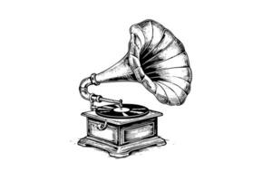 Retro phonograph gramophone vintage engraved vector illustration. Sketch hand drawn art
