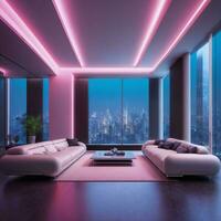 interior of modern futuristic sci fi living room apartment with neon light, generative AI photo