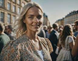 photo of beautiful woman at parade street in Europe country, generative AI