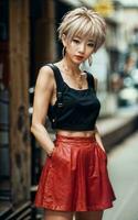 photo of teenage playful asian woman with accessories and mullet hairstyle, generative AI