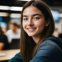 retrato cerca arriba de contento joven Adolescente a el trabajando oficina espacio, generativo ai foto