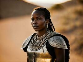 foto de africano mujer tribal guerreros con armadura, generativo ai