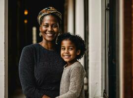 photo of happy family black mother and daughter, generative AI