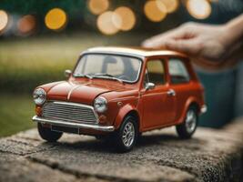 photo of close up hand holding mini car, generative AI