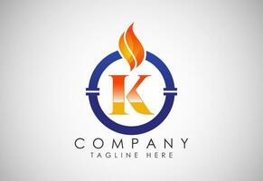 English alphabet K with fire flame and pipe. Oil and gas industry logo design concept. vector