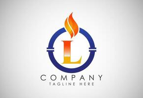 English alphabet L with fire flame and pipe. Oil and gas industry logo design concept. vector
