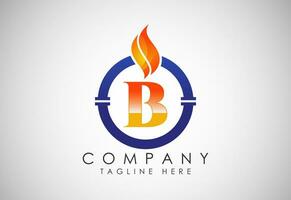 English alphabet B with fire flame and pipe. Oil and gas industry logo design concept. vector
