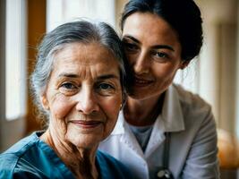 photo of woman take care senior woman at home, generative AI