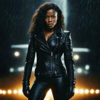 photo of strong african woman with black leather suit in heavy rain night, generative AI