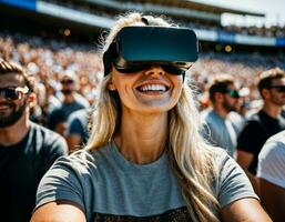 foto de hermosa mujer con vr lentes auriculares a estadio deporte arena, generativo ai