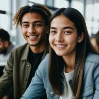 Pareja de contento joven Adolescente a el trabajando oficina espacio, generativo ai foto