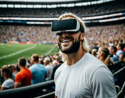 photo of handsome man with VR glasses headset at stadium sport arena, generative AI