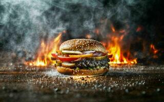 photo close up of big juicy double cheese and beef hamburger on old wooden Board with black background and smoke, generative AI