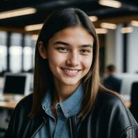 retrato cerca arriba de contento joven Adolescente a el trabajando oficina espacio, generativo ai foto