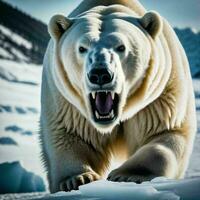 photo of big angry polar bear running in the snow, generative AI