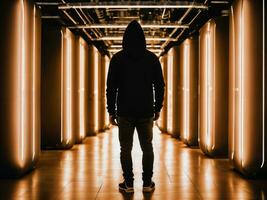 photo of man in black hoodie in server data center room with neon light, generative AI