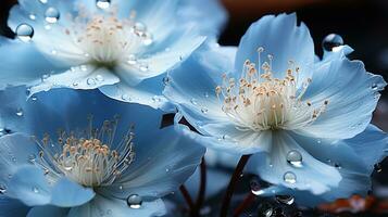 Close up of Blue flowers with drops of water on dark background. Beautiful Macro Photo. Colorful Flowers. Generative AI photo