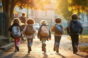 grupo de elemental colegio niños corriendo a escuela, espalda vista. espalda a colegio concepto. generativo ai foto