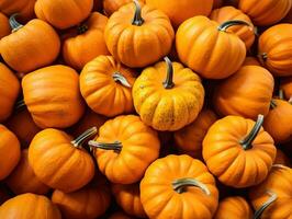 Several mini pumpkins at outdoor farmers market. Generative AI photo