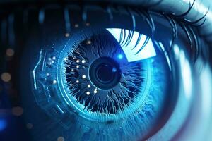 Perfect blue eye macro in a sterile environment and perfect vision in high resolution. The vision of the future and healthy life concept. Generative AI photo