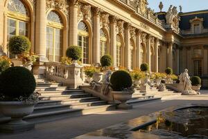 Garden and facade of the palace of versailles. Beautiful gardens outdoors near Paris, France. The Palace Versailles was a royal chateau and was added to the UNESCO list. Generative AI photo