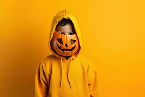 Portrait of a kid with pumpkin head. Funny kid standing isolated on a yellow background, holding a carved orange pumpkin and hiding his face behind it. Halloween concept. Generative AI photo