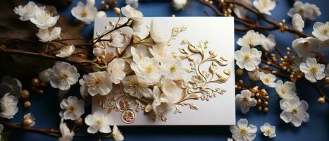 Wedding invitation card mockup with flowers. Blank card mockup on beige background. Generative AI photo