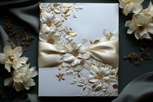 Boda invitación tarjeta Bosquejo con flores blanco tarjeta Bosquejo en beige antecedentes. generativo ai foto