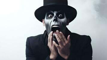 A shocked man in Halloween make-up and costume grabs his face in fright. Man in black hat, suit and skull make-up opens his eyes and mouth wide in fear on white background. Generative AI photo