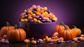 Halloween decorations pumpkin basket with candies on isolated violet background with copyspace. Halloween concept. Generative AI photo