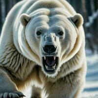 foto de grande enojado polar oso corriendo en el nieve, generativo ai