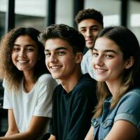 grupo de contento joven Adolescente a el trabajando oficina espacio, generativo ai foto