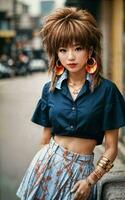 photo of teenage playful asian woman with accessories and mullet hairstyle, generative AI