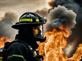 foto de bombero con grande fuego nube y fumar en fondo, generativo ai