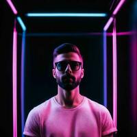 photo of handsome man with with mixed pink and blue neon light, generative AI