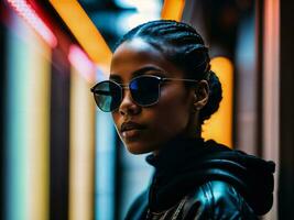 photo of black woman in black hoodie in server data center room with neon light, generative AI