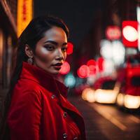 foto de mujer en rojo paño a calle noche con luz, generativo ai