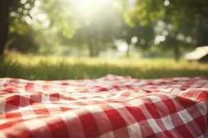 Red and white plaid picnic blanket on top of a green field in sunny day on grass of lawn in summer park. Blurred Background. Generative AI photo