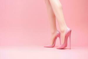 Plastic toy legs with high heels and little bag on pastel pink background. Minimal art pink poster. Generative AI photo