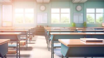 School classroom in blur background without young student. Blurry view of elementary class room no kid or teacher with chairs and tables in campus. Back to school concept. Generative AI photo