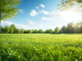 Blurred background of spring nature with a nicely trimmed lawn against a blue sky and clouds on a bright sunny day. Generative AI photo