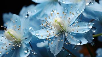 Close up of Blue flowers with drops of water on dark background. Beautiful Macro Photo. Colorful Flowers. Generative AI photo