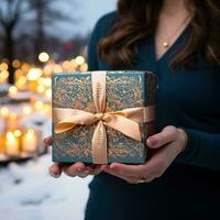 Illustration of a gift box in hand with a Christmas background, AI Generated photo