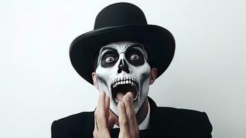 A shocked man in Halloween make-up and costume grabs his face in fright. Man in black hat, suit and skull make-up opens his eyes and mouth wide in fear on white background. Generative AI photo