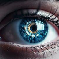Perfect blue eye macro in a sterile environment and perfect vision in high resolution. The vision of the future and healthy life concept. Generative AI photo
