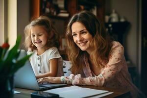 Happy child and adult are sitting at desk. Girl doing homework or online education. Generative AI photo