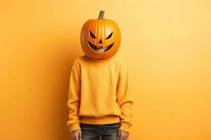 retrato de un niño con calabaza cabeza. gracioso niño en pie aislado en un amarillo fondo, participación un tallado naranja calabaza y ocultación su cara detrás él. Víspera de Todos los Santos concepto. generativo ai foto