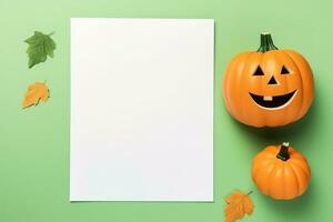 Blank paper sheet with Halloween decorations on pastel background. Greeting card, invitation mockup. Place for inscription. Pumpkin. Modern Minimal business template. top view. Generative AI photo