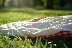 Red and white plaid picnic blanket on top of a green field in sunny day on grass of lawn in summer park. Blurred Background. Generative AI photo