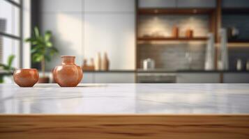 cocina mostrador parte superior para producto monitor con moderno minimalista cocina habitación interior en el antecedentes. generativo ai foto